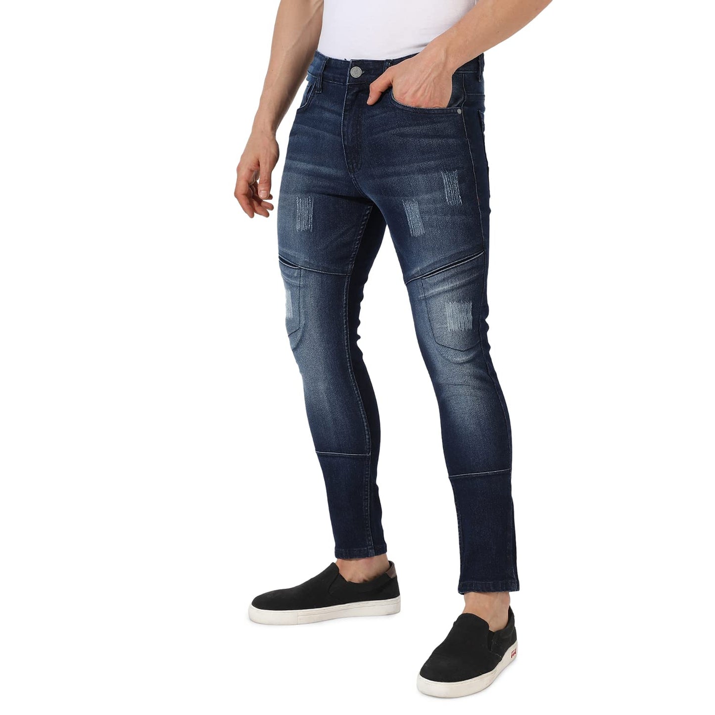 Campus Sutra Mens Classic Blue-Washed Solid Patterned Regular Fit Denim Jeans | Premium Mid-Rise Cotton Stretchable Crafted wit