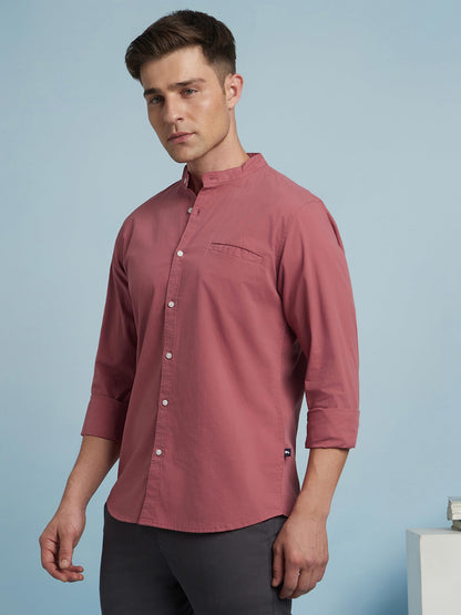 Dennis Lingo Men Solid Mandarin Collar Full Sleeves Regular Fit Casual Shirt Dusty-Pink
