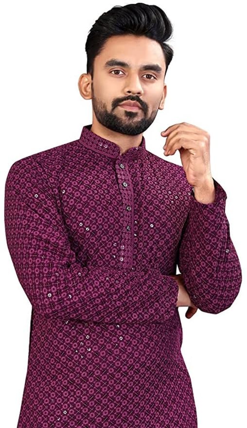 LookMark Present Mens Pure Rayon Chikankari Sequins Kurta||Mens Chikankari Purple Coloured Kurta|| AZ-LM-OG-Kurta 11 Purple-L