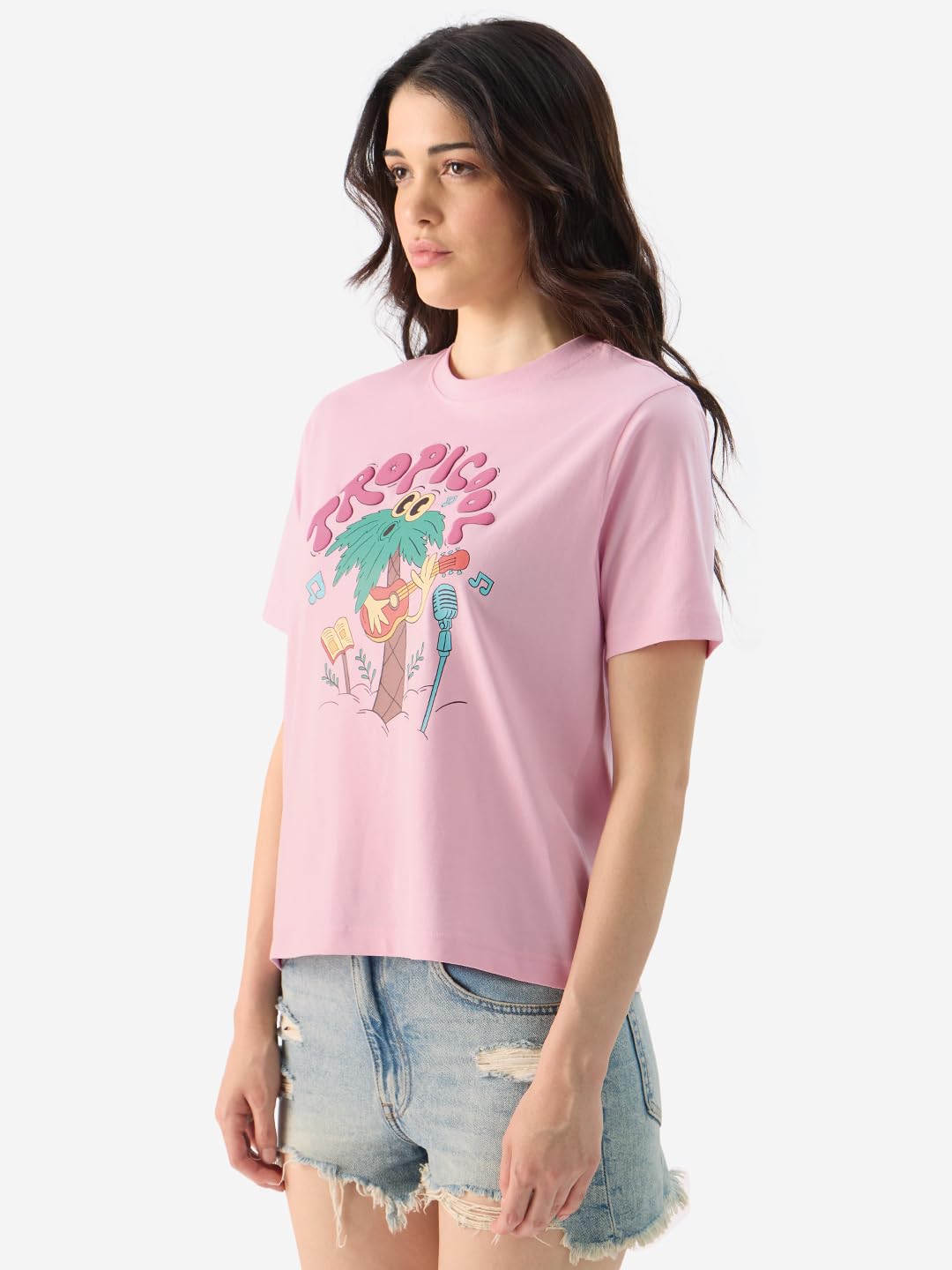The Souled Store Tropicool Women and Girls Short Sleeve Round Neck Pink Graphic Printed Cotton Regular Fit T-Shirts