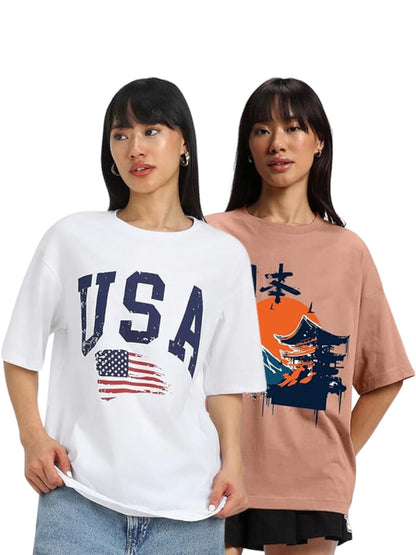 Juneberry 100% Pure Cotton Oversized Loose Baggy Fit Drop Shoulder Cool Graphic Prinred Half Sleeve T-Shirts For Women & Girls (