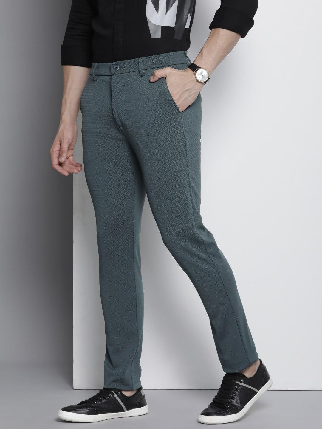 The Indian Garage Co Men Slim Fit Solid Mid-Rise Stretchable Knitted Formal Trousers Steel Grey
