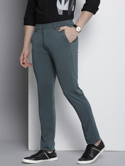 The Indian Garage Co Men Slim Fit Solid Mid-Rise Stretchable Knitted Formal Trousers Steel Grey