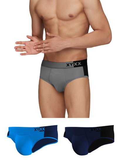 XYXX Mens Underwear Dualist IntelliSoft Antimicrobial Micro Modal Brief Pack of 3 (Steel Grey & Black;Black Iris & Black;Brilli