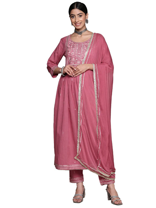 ishin Cotton Blend Women's Muave Floral Yoke Design Flared Kurta Set With Pants & With Dupatta