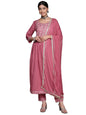 ishin Cotton Blend Women's Muave Floral Yoke Design Flared Kurta Set With Pants & With Dupatta