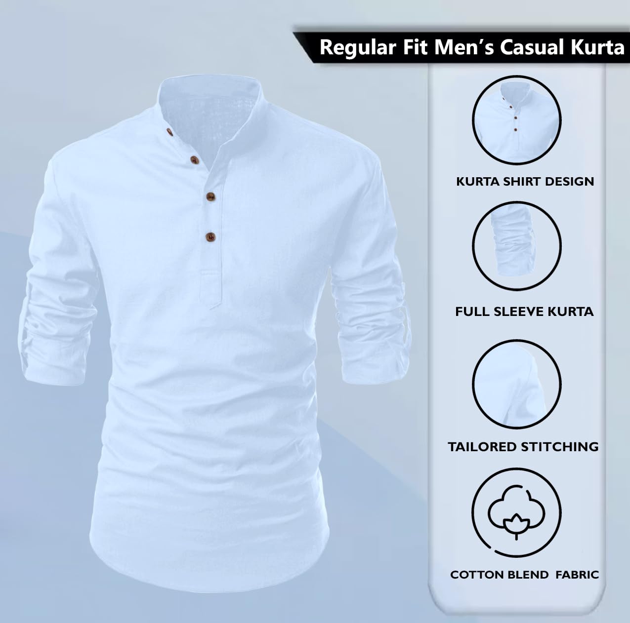 Zombom MenS Solid Cotton Blend Casual Regular Fit Mandarin/Chinese Collor Full Sleeve Kurta Shirt For Men Sky Blue