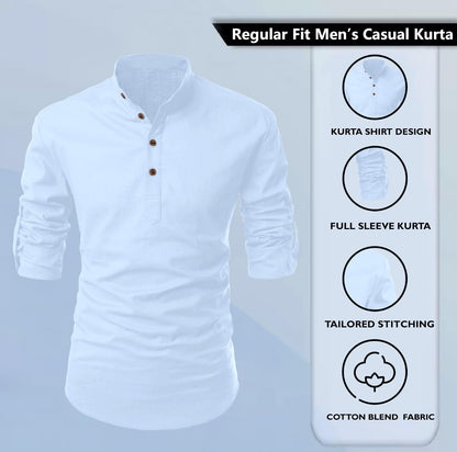 Zombom MenS Solid Cotton Blend Casual Regular Fit Mandarin/Chinese Collor Full Sleeve Kurta Shirt For Men Sky Blue
