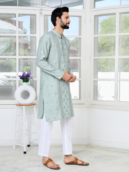 See Designs Mens Full Sleeve Mandarin Collar Grey Mirror Worked and Sequin Embroidered Straight Long Kurta - Festive Collection