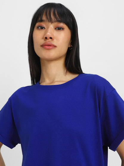 Juneberry Pure 100% Cotton Oversized Loose Baggy Fit Round Neck With Drop Shoulder Cork & Royal Blue Half Sleeves Boyfriend T-Sh