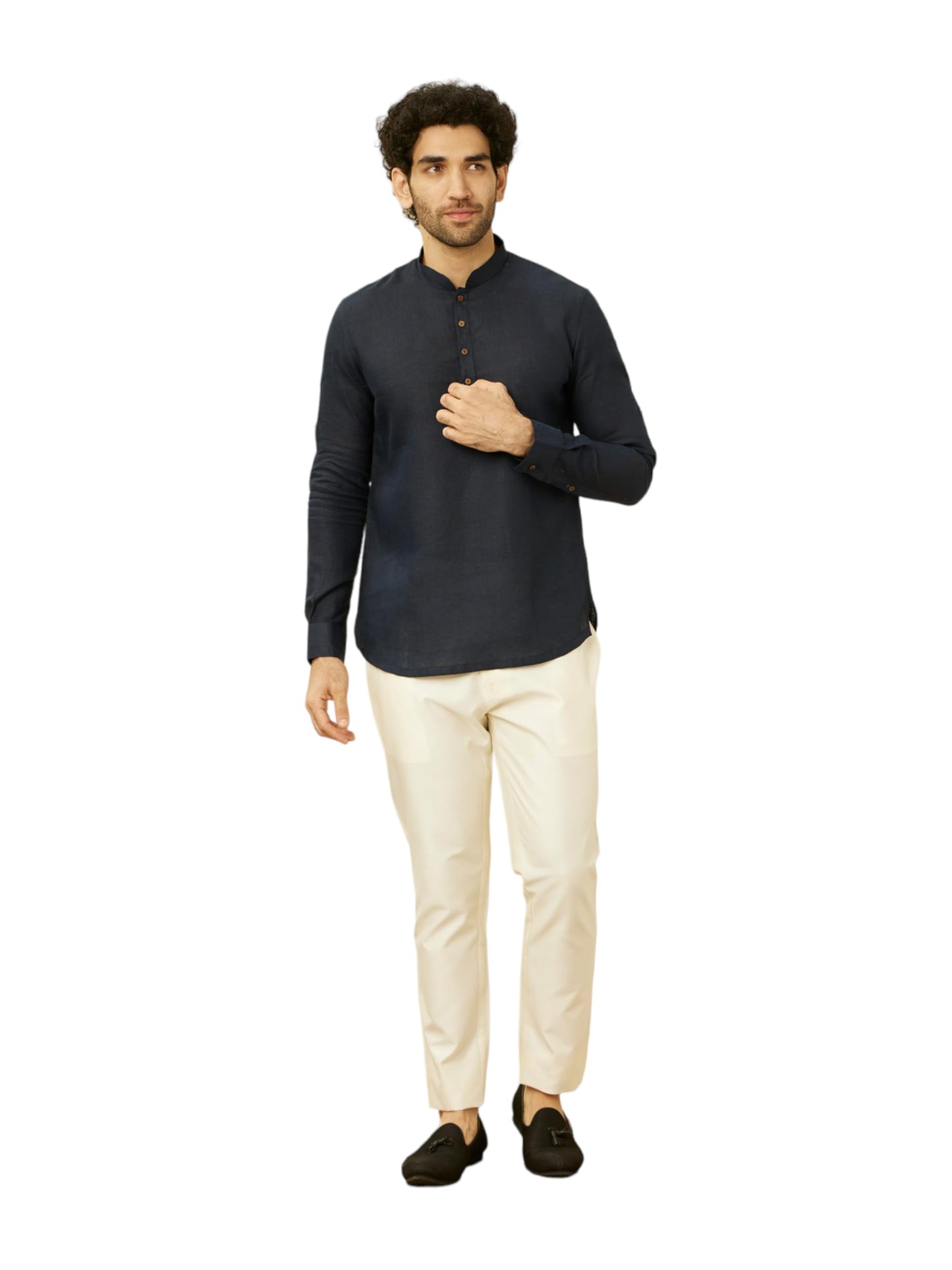 Manyavar Mens Blue Linen Short Kurta