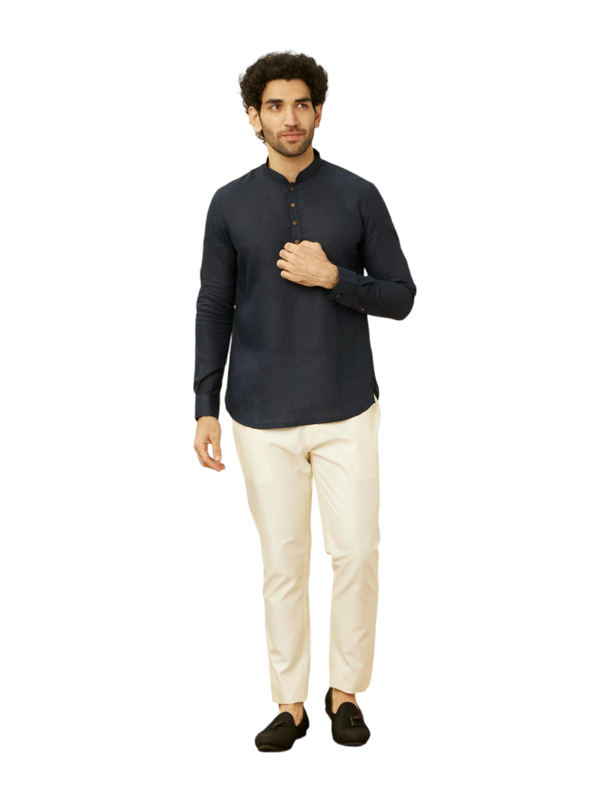 Manyavar Mens Blue Linen Short Kurta