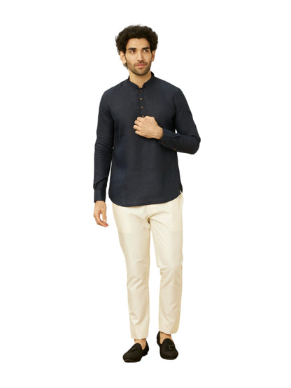 Manyavar Mens Blue Linen Short Kurta