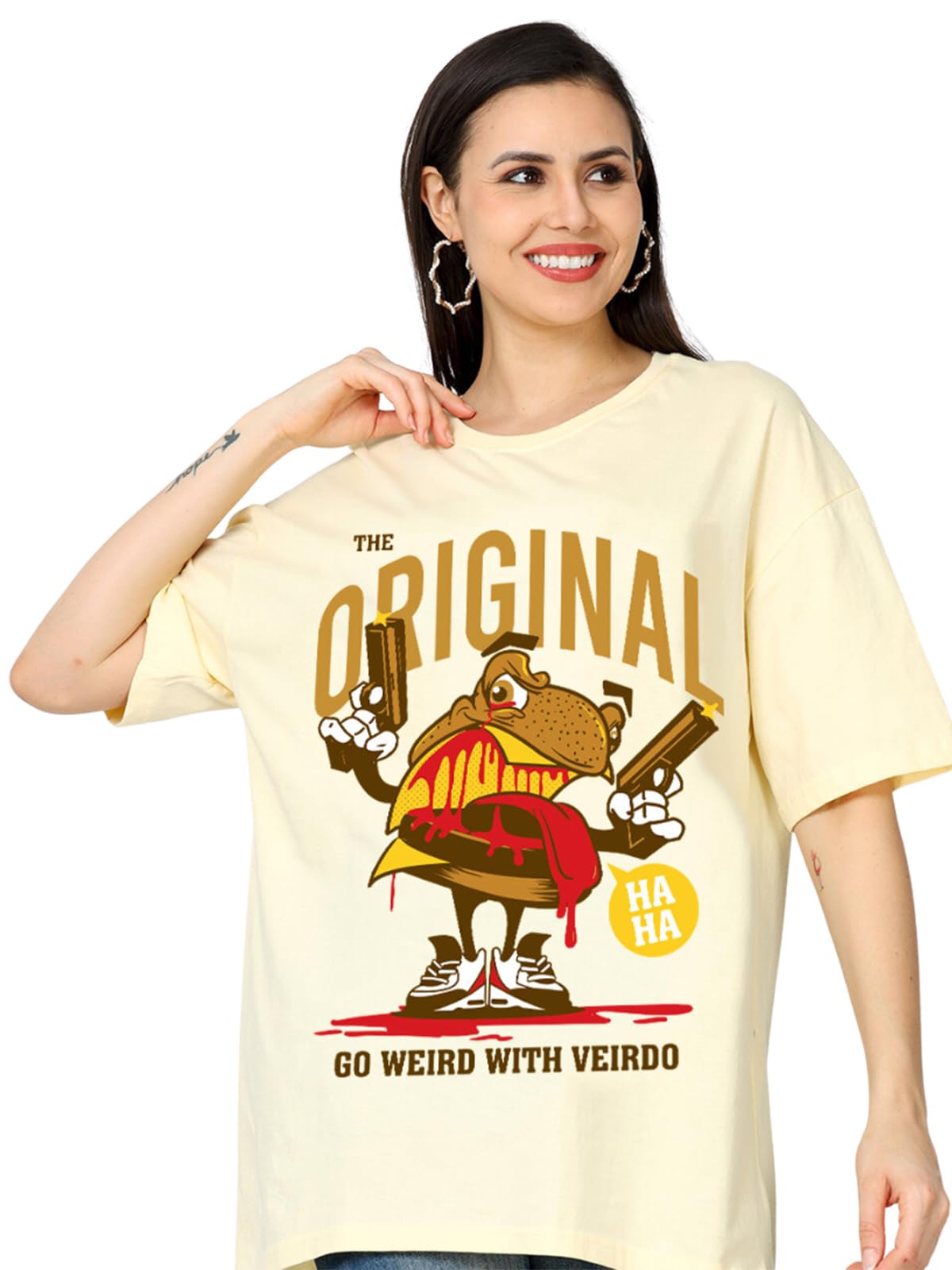 Veirdo Womens Oversized Fit Cotton Typographic Printed Short Sleeve T-Shirt