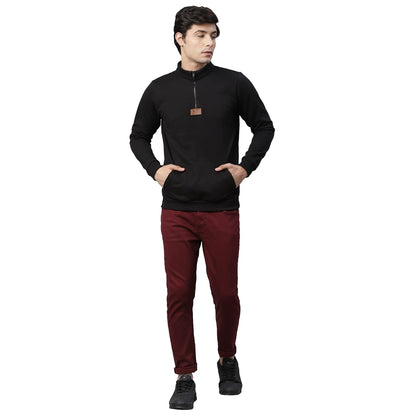 RIGO Mens Black Solid Full Sleeves High Neck Half-Zip Stand Collar Cotton Fleece Sweatshirt