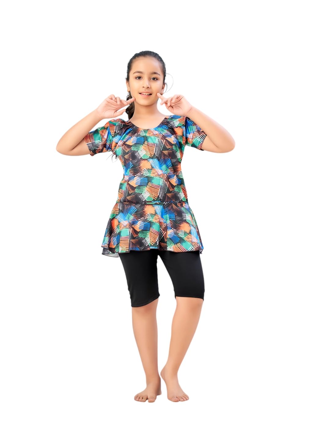 Aarika Girls Sports Wear Orange-Black Colour Abstract Print Nylon Swim Suit (5-15 Years)-(SW-SHM-CA-1112)