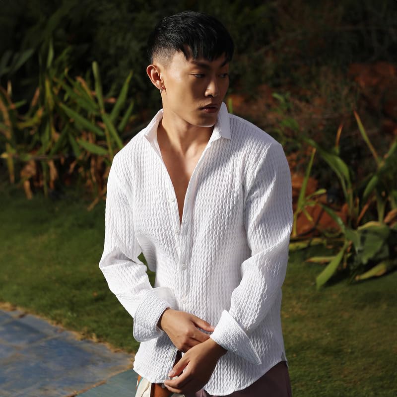 Campus Sutra Mens Chalk White Twisted Crease Shirt for Casual Wear | Spread Collar | Long Sleeve | Button Closure | Shirt Craft