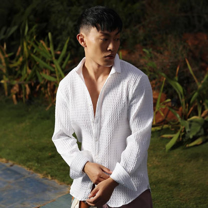 Campus Sutra Mens Chalk White Twisted Crease Shirt for Casual Wear | Spread Collar | Long Sleeve | Button Closure | Shirt Craft