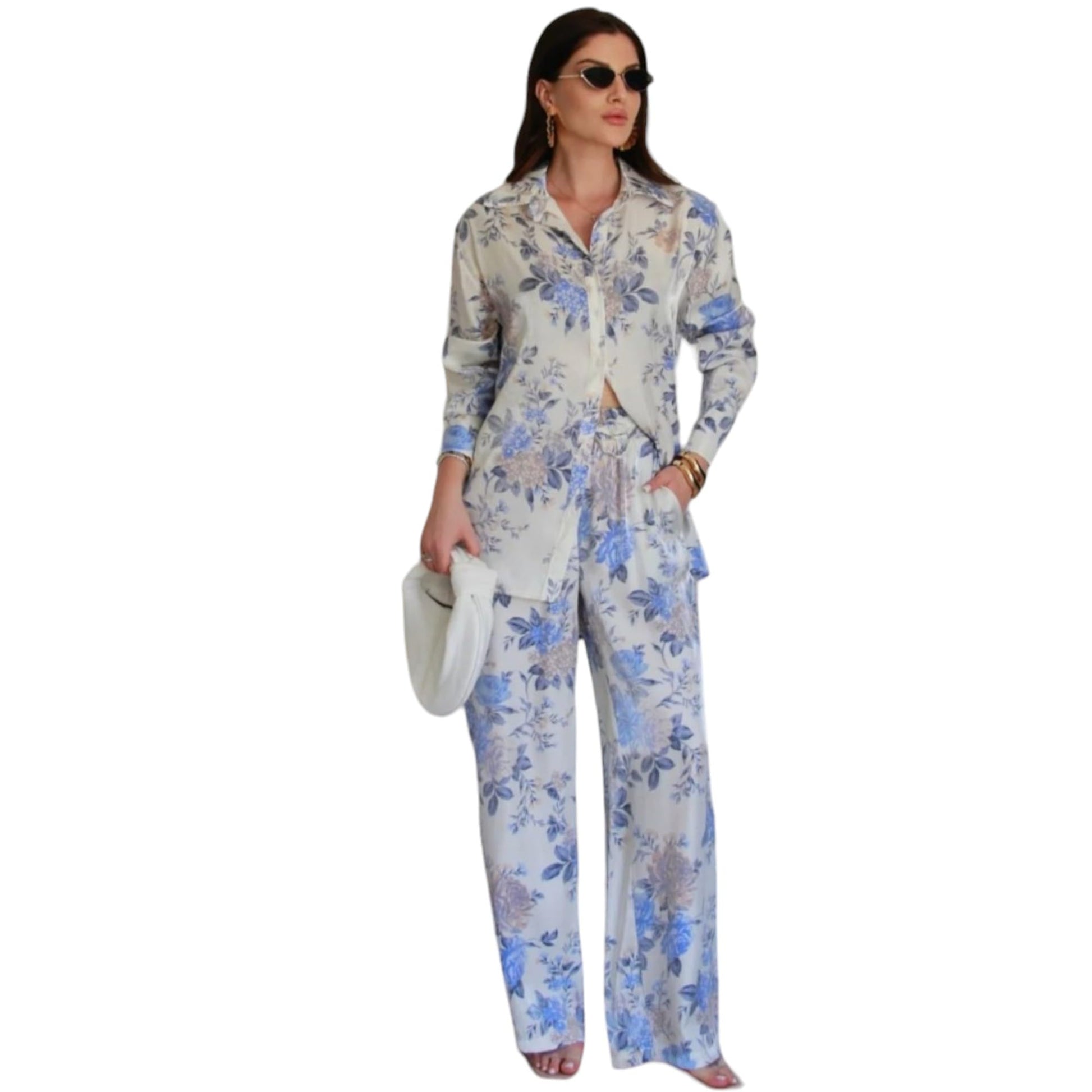 Gufrina WomenS Co-Ords Set - Floral Print Shirt With Front Open Button And Wide-Leg Pants, Full Sleeves, Rayon Fabric (Sky Blue