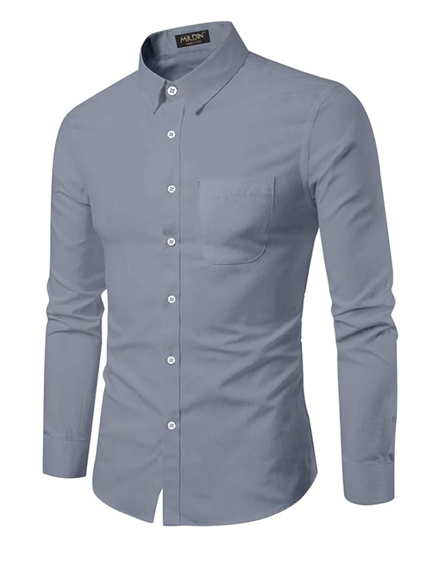 Mildin MenS Cotton Blend Solid Shirt With Spread Collared Full Sleeve Curved Hemline Button Closure Slim Fit And One Pocket | S