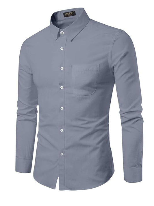 Mildin MenS Regular Cotton Blend Grey Slim Fit Solid Button Down Spread Collar Full Sleeve Curved Hemline Formal Shirt With One
