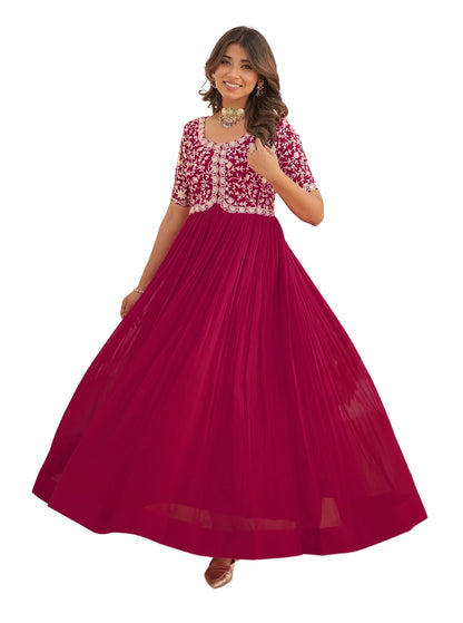 Fashion Basket Georgette Embroidered Anarkali Gown For Women Pink