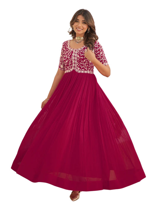 Fashion Basket Georgette Embroidered Anarkali Gown For Women Pink