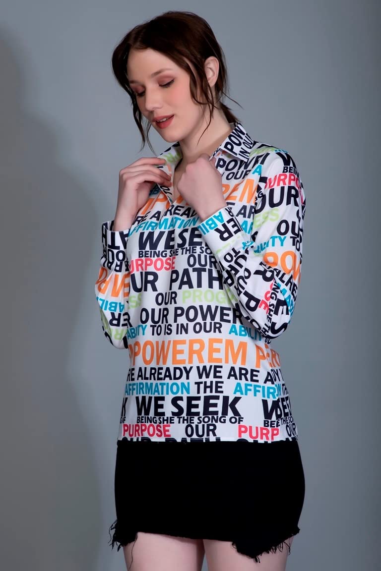 OM SAI LATEST CREATION Girls/Womens Western Top with Collar Neck Typographic Printed & Full Regular Cuff Sleeves||Casual Wear|