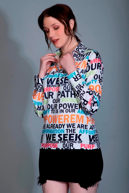 OM SAI LATEST CREATION Girls/Womens Western Top with Collar Neck Typographic Printed & Full Regular Cuff Sleeves||Casual Wear|