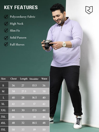 Rigo Polyester Plus Size T-Shirt for Men | High Neck, Slim Fit T-Shirt for Men | Solid Casual Plus Size T-Shirts Light Purple