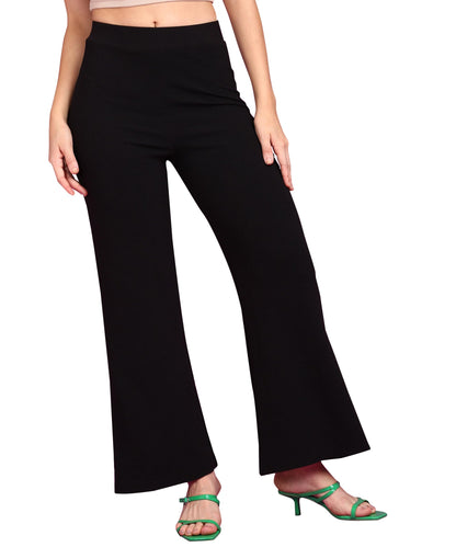 POPWINGS Casual High-Waist Flared Trousers for Women | High-Rise Flared Trousers for Formal Office Wear - Black