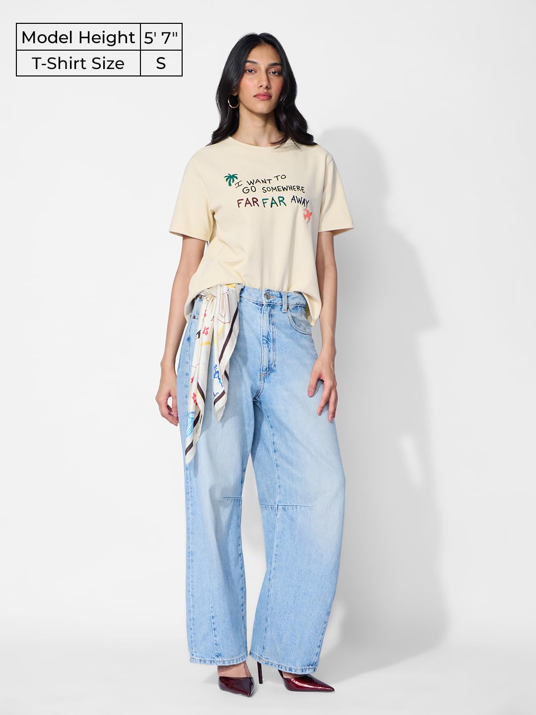 The Souled Store Textured T-Shirt: Far Away Women and Girls Short Sleeves Round Neck Off White Embroidered Cotton Blend Relaxed