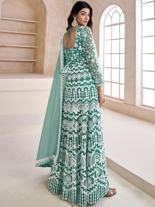 PATLANI Womens Naylon Net Embroiered Full Stitched Gown with Dupatta. Green