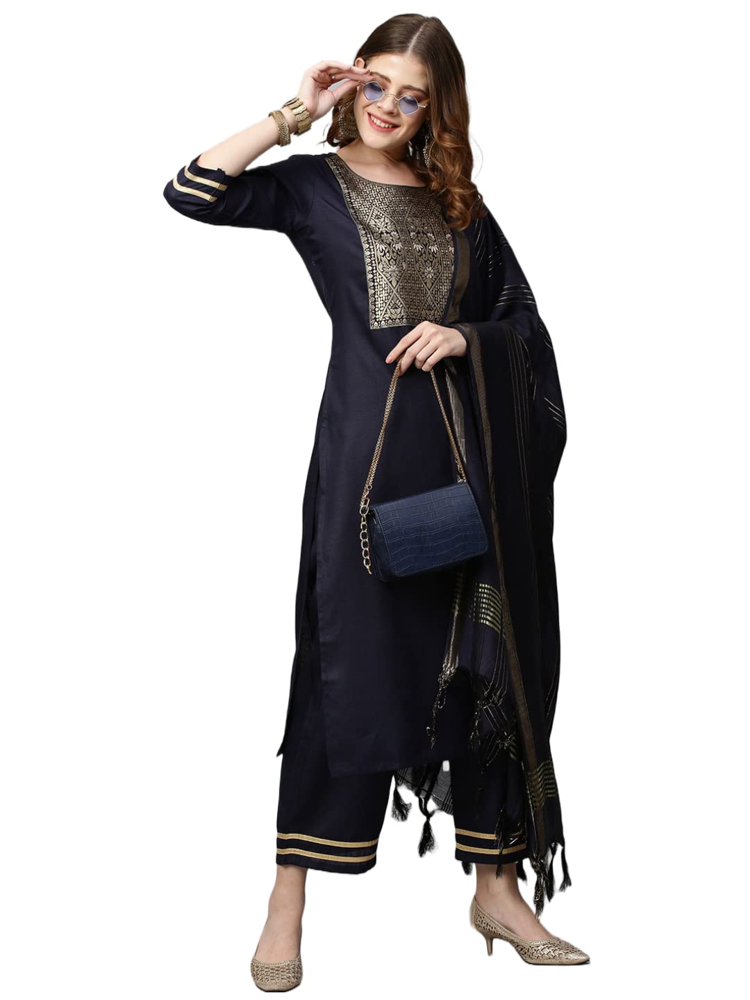 Anni Designer WomenS Cotton Blend Solid Straight Kurta With Palazzos & With Dupatta (Wukis Blue_S_Blue_Small)