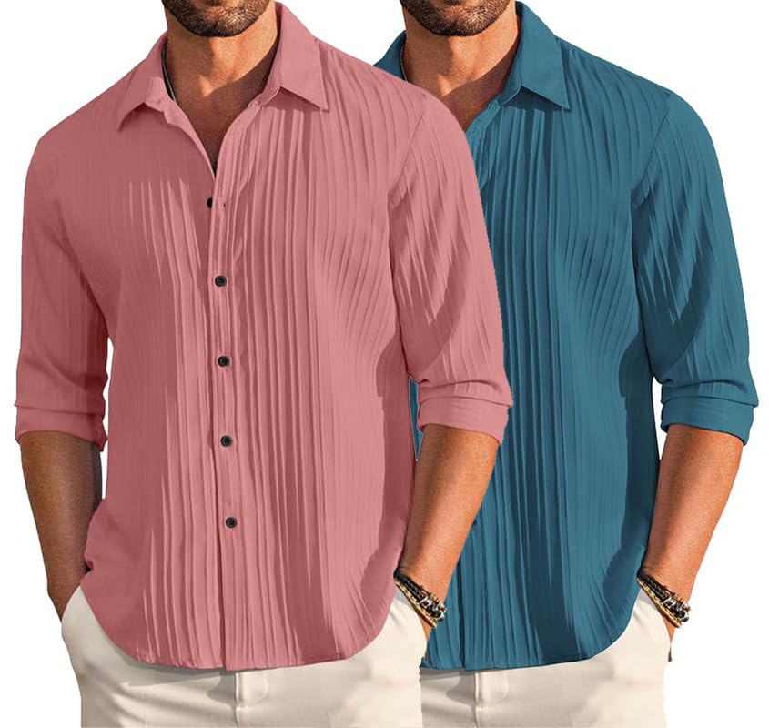 Deelmo Combo Of MenS Casual Button Down Shirts Long Sleeve Linen Shirt Fashion Textured Summer Shirts Pack Of 2