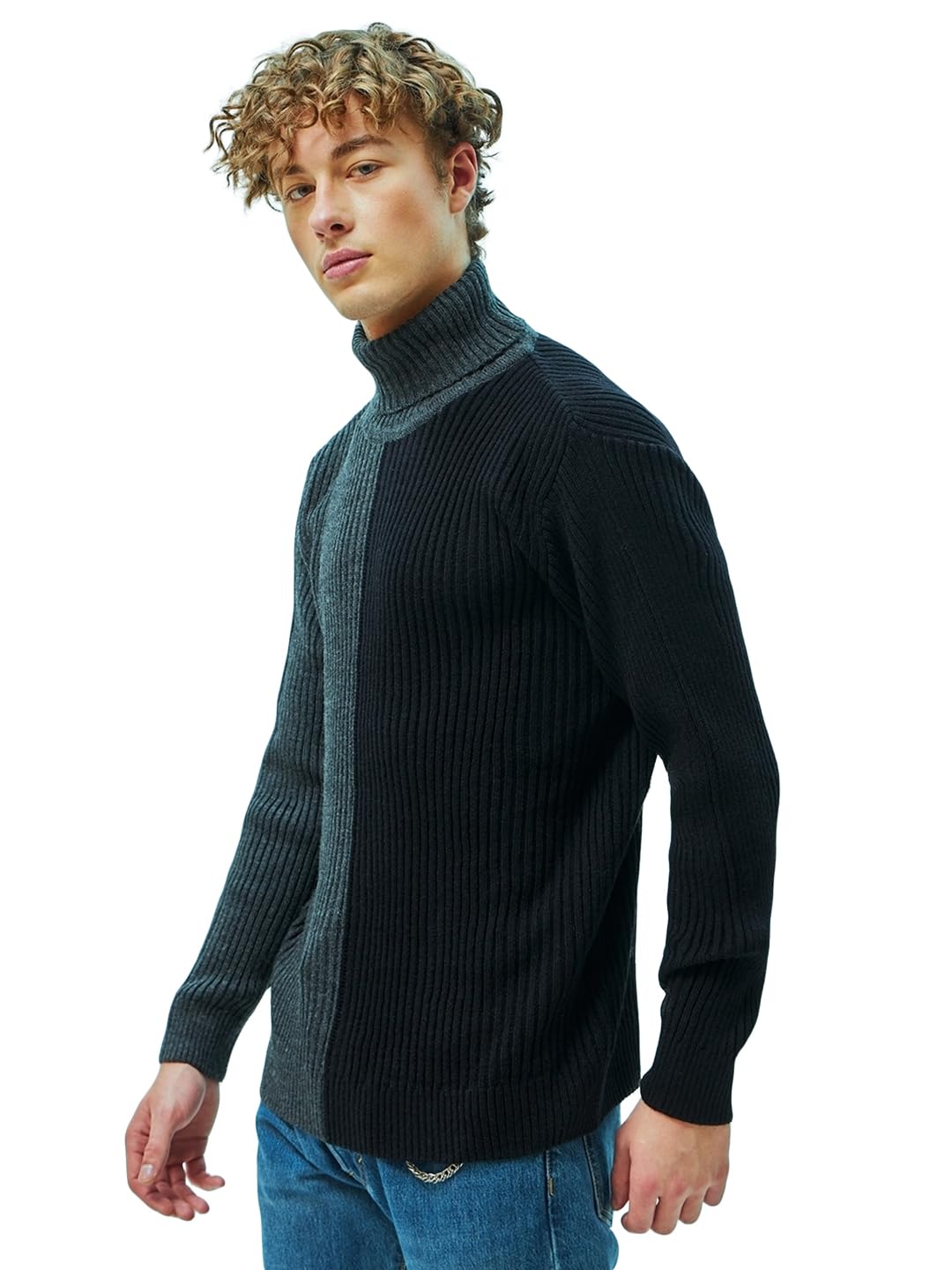 Bewakoof Mens Color Block Regular Fit Sweater_608090_Grey_XL