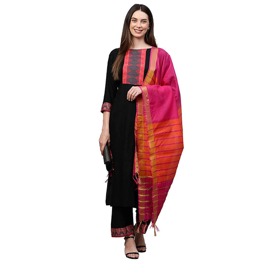 ANNI DESIGNER Women's Rayon Solid Straight Kurta,Palazzos and Dupatta (My-HIT-ONE-Black_XXL-Black_XX-Large)