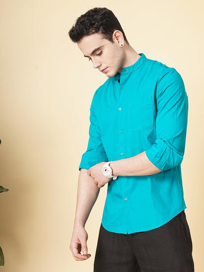 The Indian Garage Co Blue Regular Fit Mandarin Collar Solid Long Sleeves Shirt