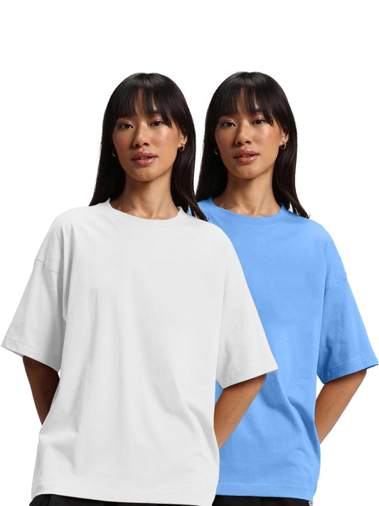 JUNEBERRY Pure Cotton Drop Shoulder Oversized Baggy Fit Half Sleeve Plain Solid Round Neck Multicolor T-Shirt for Women & Girls