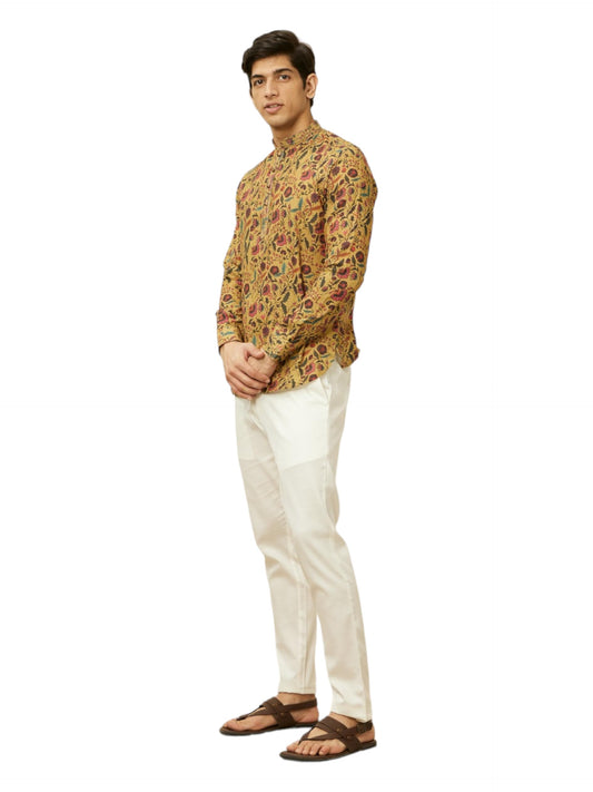 Manyavar Mens Mustard Blended Viscose Printed Short Kurtas