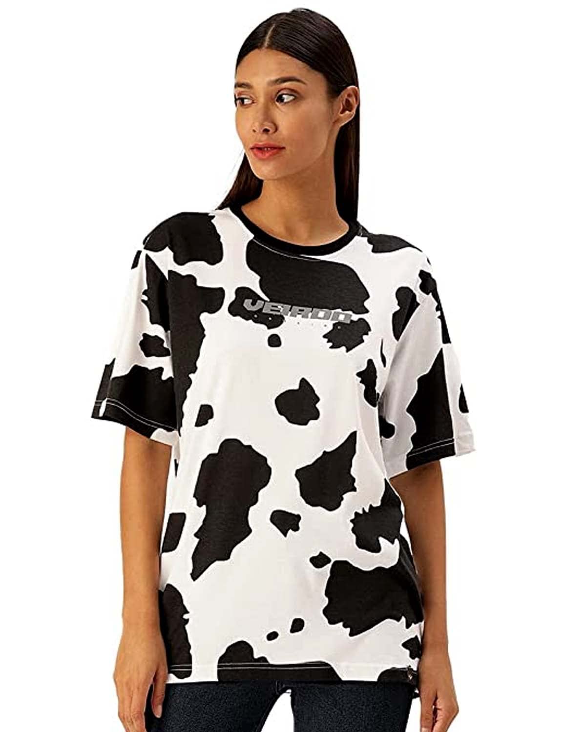 Veirdo Womens Oversized Cotton Animal Print Crew Neck T-Shirt with All Over Print