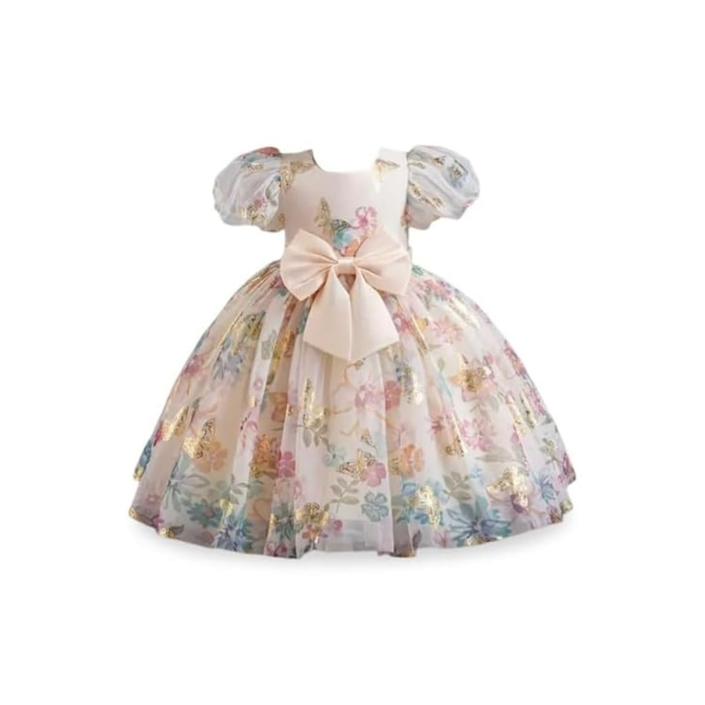 Niren Enterprise Baby Girls Gold Foil Butterfly Puff Sleeve Bowknot Princess Gown Dress For Special Occasions