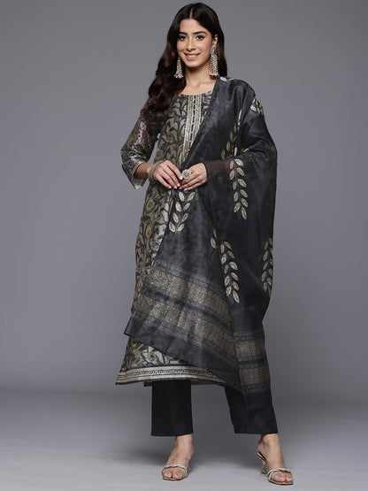 Varanga Women Grey Floral Printed Round Neck Straight Kurta Paired With Bottom And Printed Dupatta  Elegant & Comfortable Ethnic