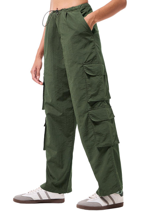 Bewakoof Womens Solid Relaxed Mid Rise Oversized Fit Nylon Relaxed Mid Rise Parachute Pants_644749_Green_2XL