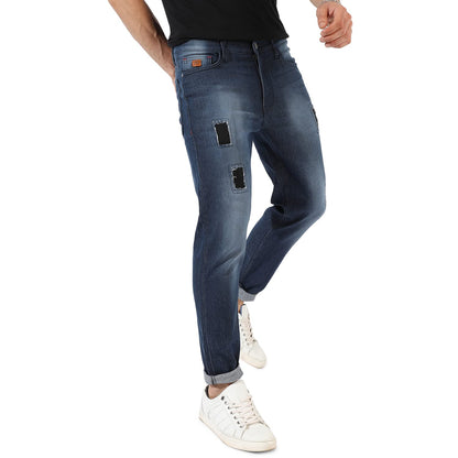 Campus Sutra Mens Classic Dark-Washed Navy Blue Distressed Patterned Denim Jeans | Regular Fit | Premium Stretchable Cotton Mid