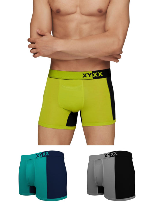 XYXX Mens Underwear Dualist IntelliSoft Antimicrobial Micro Modal Trunk Pack of 3 (Steel Grey & Black;Navigate & Black Iris;Lim