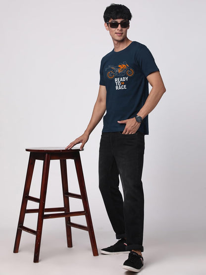 ADRO Men's Biker Design Printed 100% Cotton T-Shirt - Regular Fit, Printed T-Shirts for Men (RN24-KTM-SB_Teal)