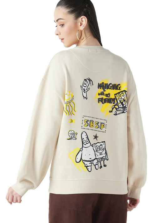 Bewakoof Official Spongebob Merchandise Womens Graphic Printed Oversized Fit Full Sleeve Round Neck Fleece Sweatshirt_649675_Be