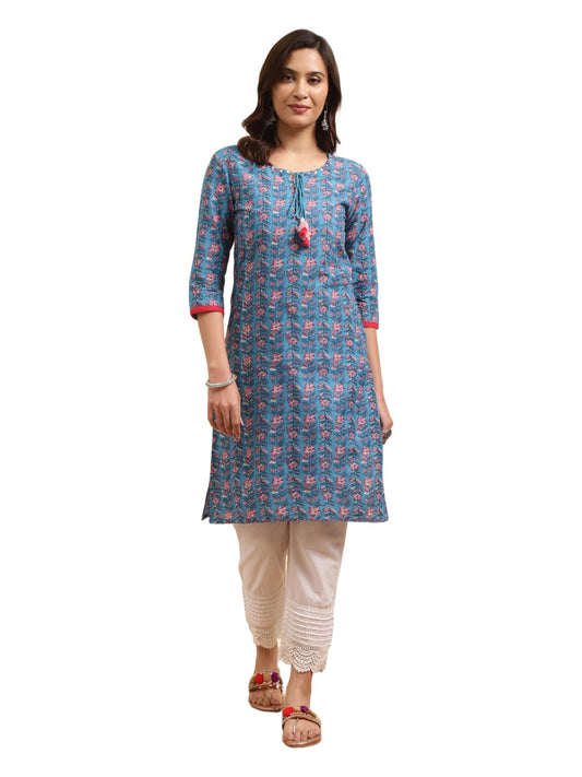 rangita Blue Cotton Printed Straight Kurta with Pant | Kurta Set for Women
