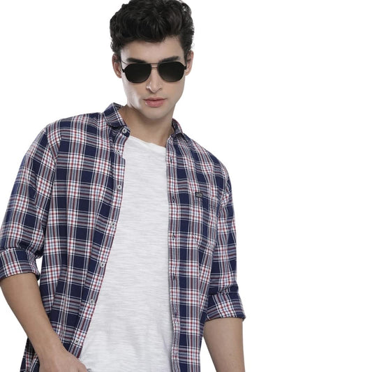 The Indian Garage Co Mens Navy & White Cotton Slim Fit Full Sleeve Checked Shirt